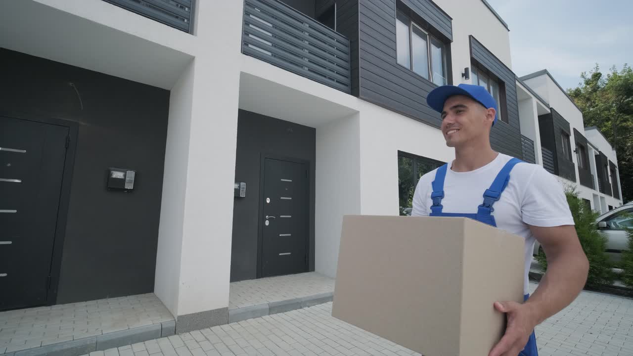 Young courier holding a parcel walking on the street to deliver a box directly to a customer home. Concept of courier, home delivery, e-commerce shipping