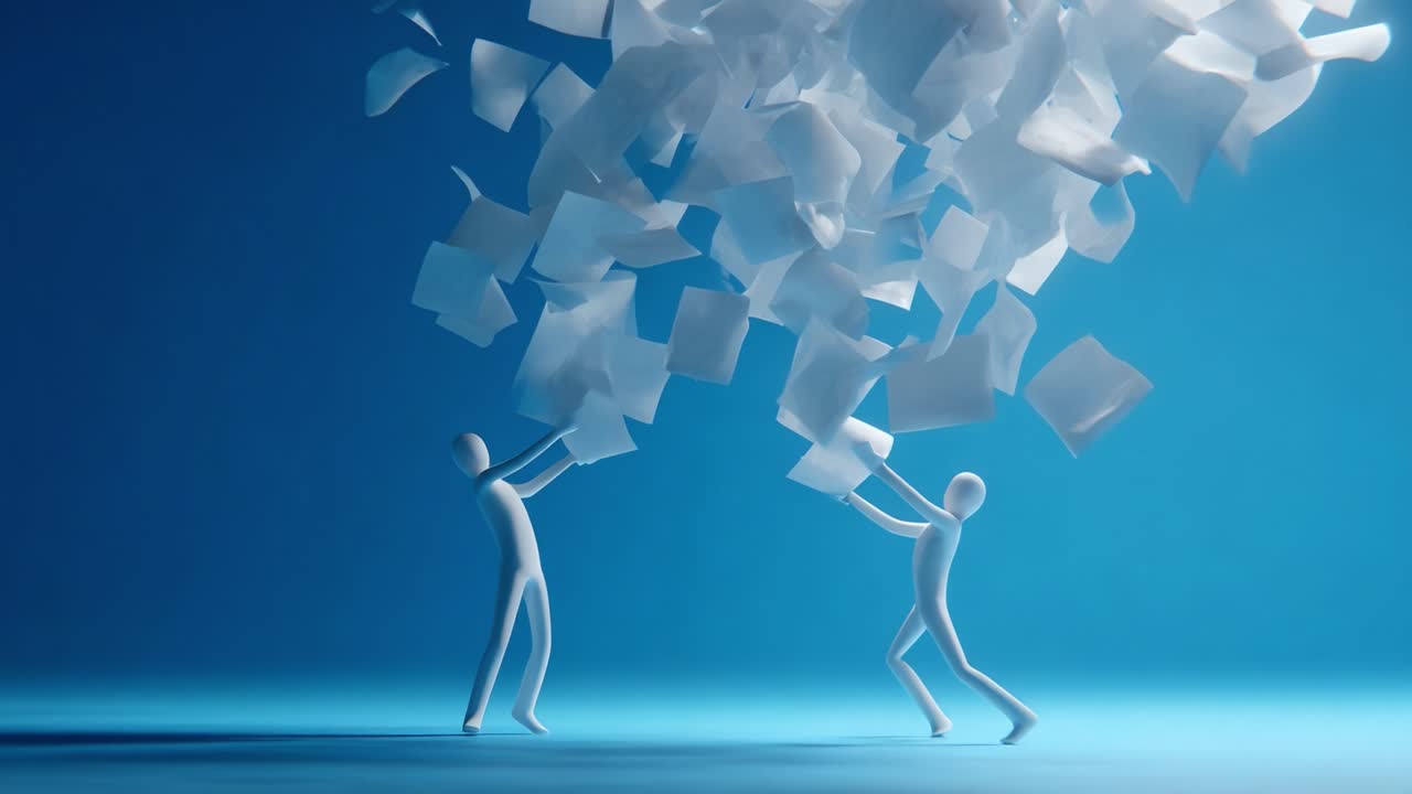 Dynamic Interaction Between Two Figures Under a Calm Blue Background as They Engage in an Animated Exchange of Floating Papers Capturing a Moment of Collaboration or Conflict