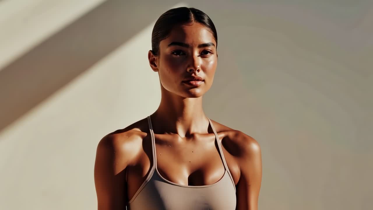 A woman in a sports bra stands in soft sunlight, casting shadows on a wall