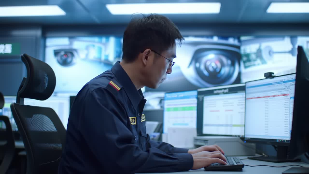 Seorang operator yang fokus secara aktif memantau sistem pengawasan dan data di ruang kontrol modern, memastikan manajemen dan keamanan yang efektif melalui teknologi canggih