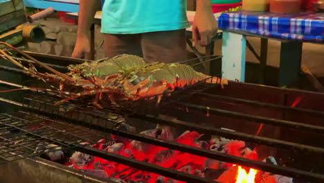 Un-Primer-Plano-De-2-Langostas-Mientras-Estaban-En-La-Barbacoa-Con-Llamas,-Parrilla-De-Metal-En-Una-Persona-Irreconocible-En-El-Fondo