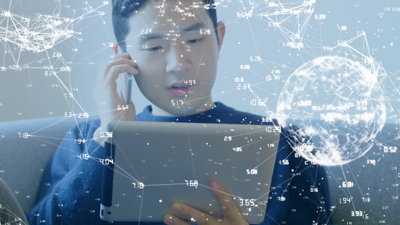 스마트 폰과 디지털 태블릿을 사용하여 지구 상의 사람과의 연결 네트워크의 애니메이션