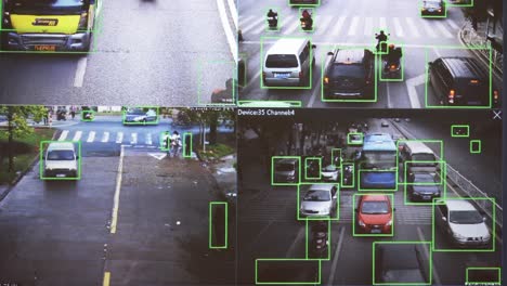 cctv camera. real-time tracking of vehicles and people on the street. authentic pixelated image from a real monitor.