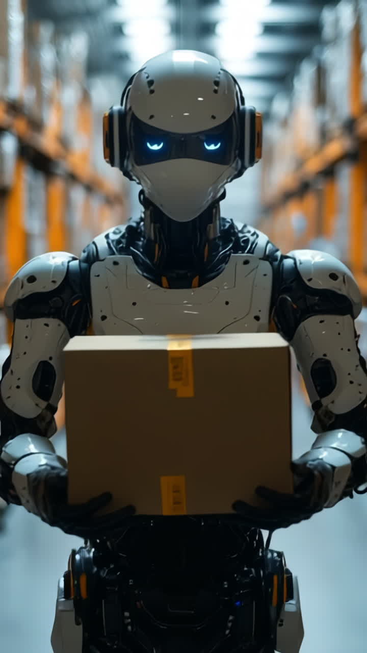 Robot handling packages in a warehouse. A robot is transporting a package through an organized warehouse filled with stacked boxes.
