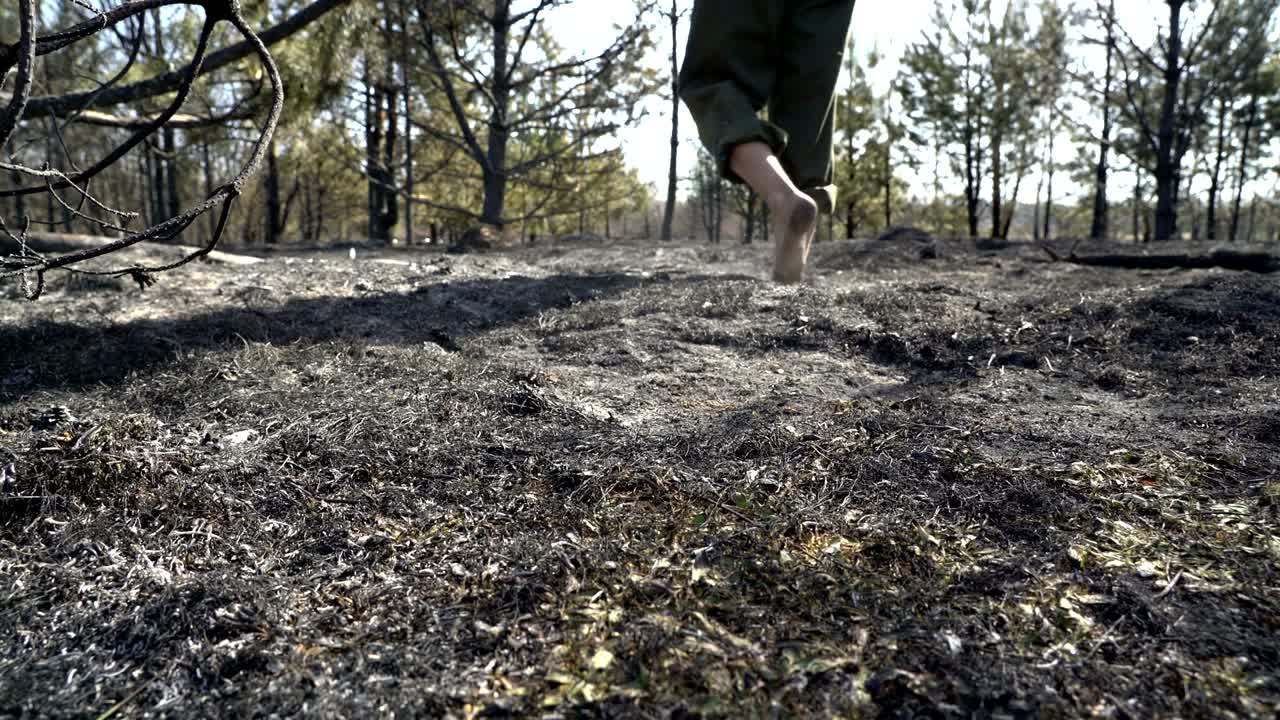 큰 숲 화재, 생태 재난, 자연 파괴, 개념 슬 후 불타는 풀에서 맨발로 는 사람