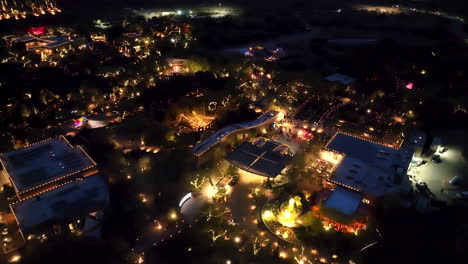 Night-Aerial-At-Las-Noches-De-Las-Luminarias,-Desert-Botanical-Garden,-Phoenix