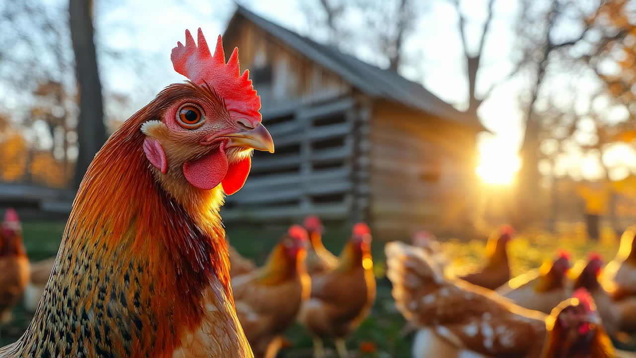 Bright sunrise casts warm light on rooster and hens in rural farm setting during early morning hours