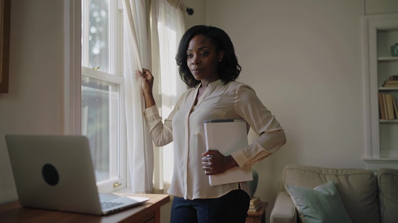 Pulling sheer drape, soft light entering, woman in blouse holding laptop checking desk at home