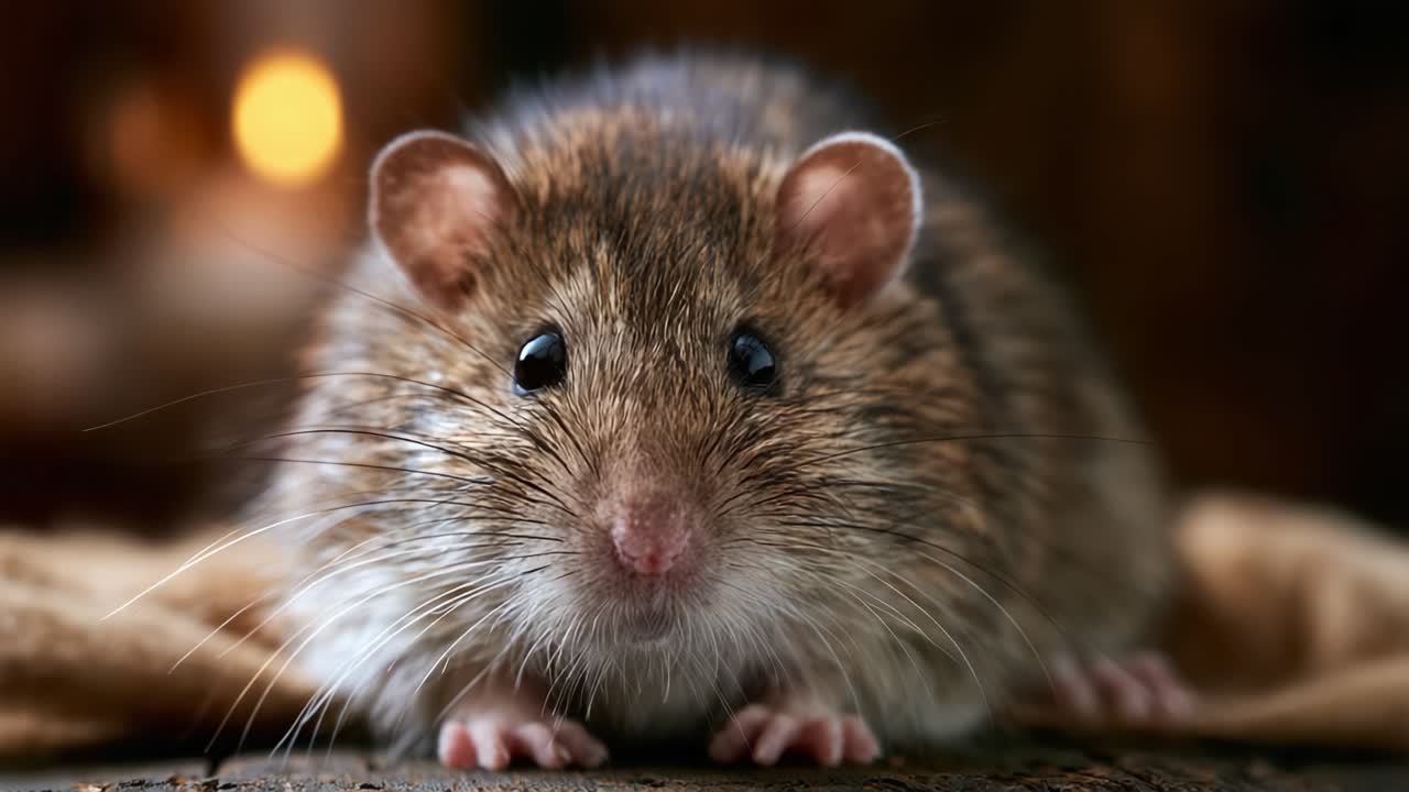 Close-Up Hewan Pengerat Fotogenik: Detail Menawan Seekor Tikus Kecil yang Penasaran dalam Suasana Pedesaan yang Hangat dengan Pencahayaan Latar Belakang Lembut yang Menonjolkan Fitur-fiturnya