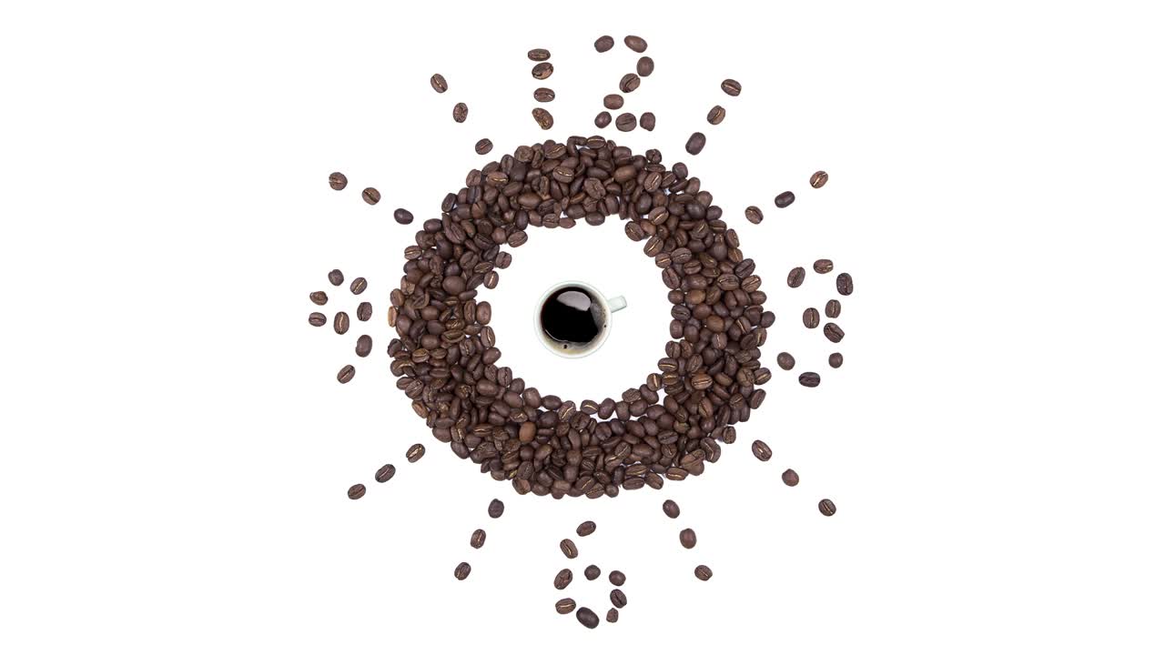 커피 시간 - 검은 커피 한 잔과 커피 콩의 시계, 색 배경에 고립 된 원활한 루프 애니메이션