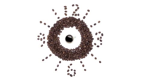 hora del café - taza de café negro y reloj de granos de café, animación de bucle sin costuras aislada sobre un fondo blanco