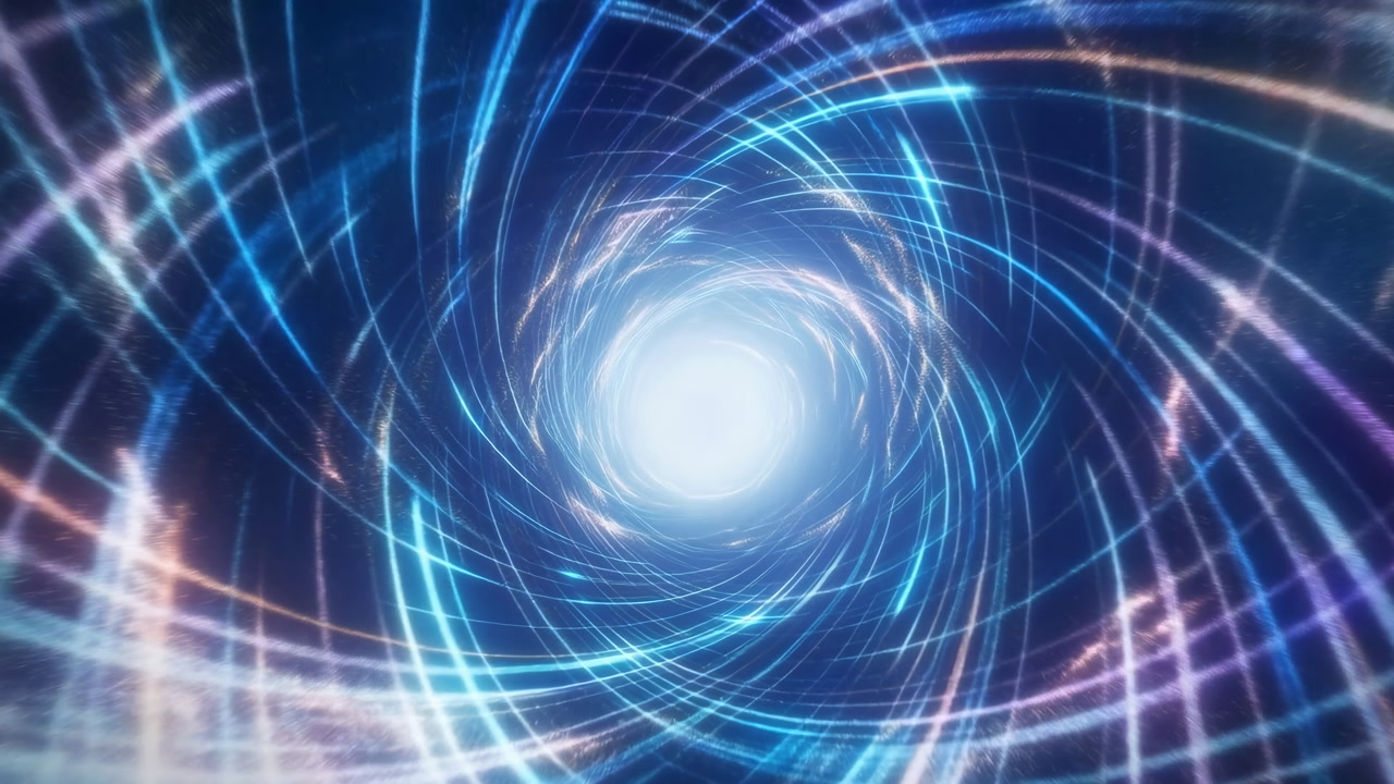 Blue Light Vortex Tunnel Spiraling Inward. Luminous Neon Streaks Weave Across Deep Space Backdrop, Swirling