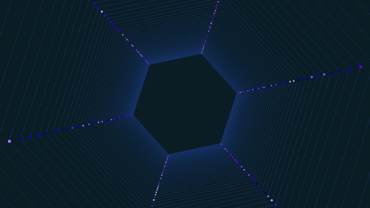 Spinning abstract rainbow hexagons in dark hole with neon dots on black gradient