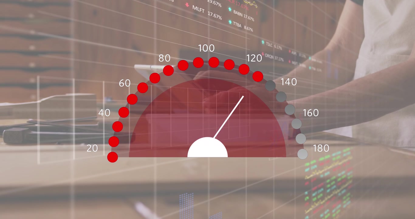 Animation of speedometer, graphs and trading board, diverse people using technology