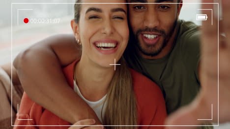 video selfie, amor y pareja feliz divirtiéndose