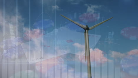 animation of graphs, data over casino table, clouds and wind turbine