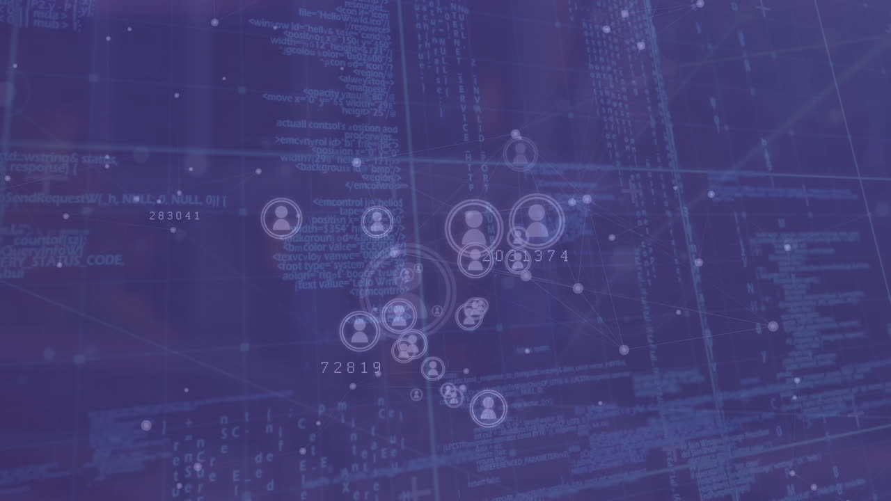 Animation of network of connections with icons over data processing