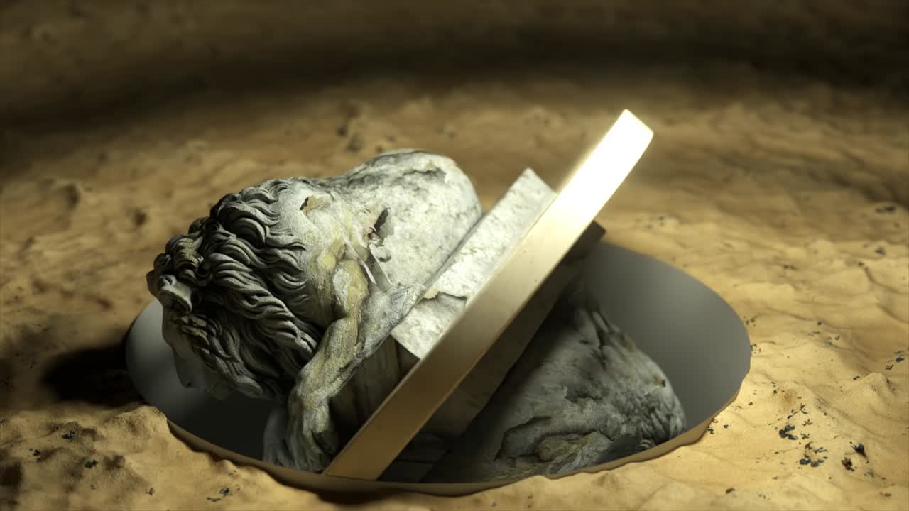 사자의 조각은 플랫폼에서 뒤집어집니다.  대리석. 3d 애니메이션의 무결한 루프.