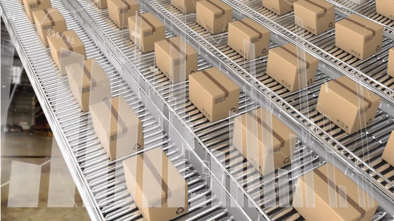 배경에서 컨베이어 벨트에 있는 카드보드 상자 위에서 통계 처리의 애니메이션