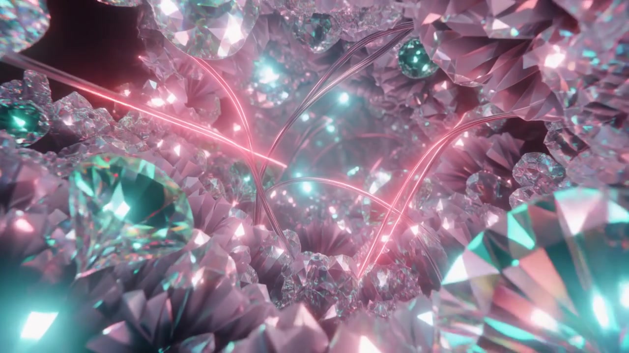 Animação 3D Abstrata de Diamantes Luminosos e Trilhas de Luz Neon.