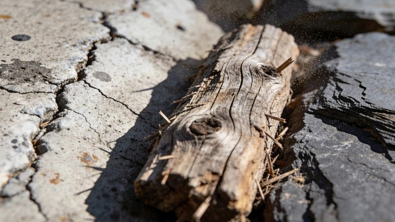 Telecamera che si avvicina, rivelando un tronco di legno usurato con chiodi arrugginiti su cemento crepato vicino a una roccia bagnata.