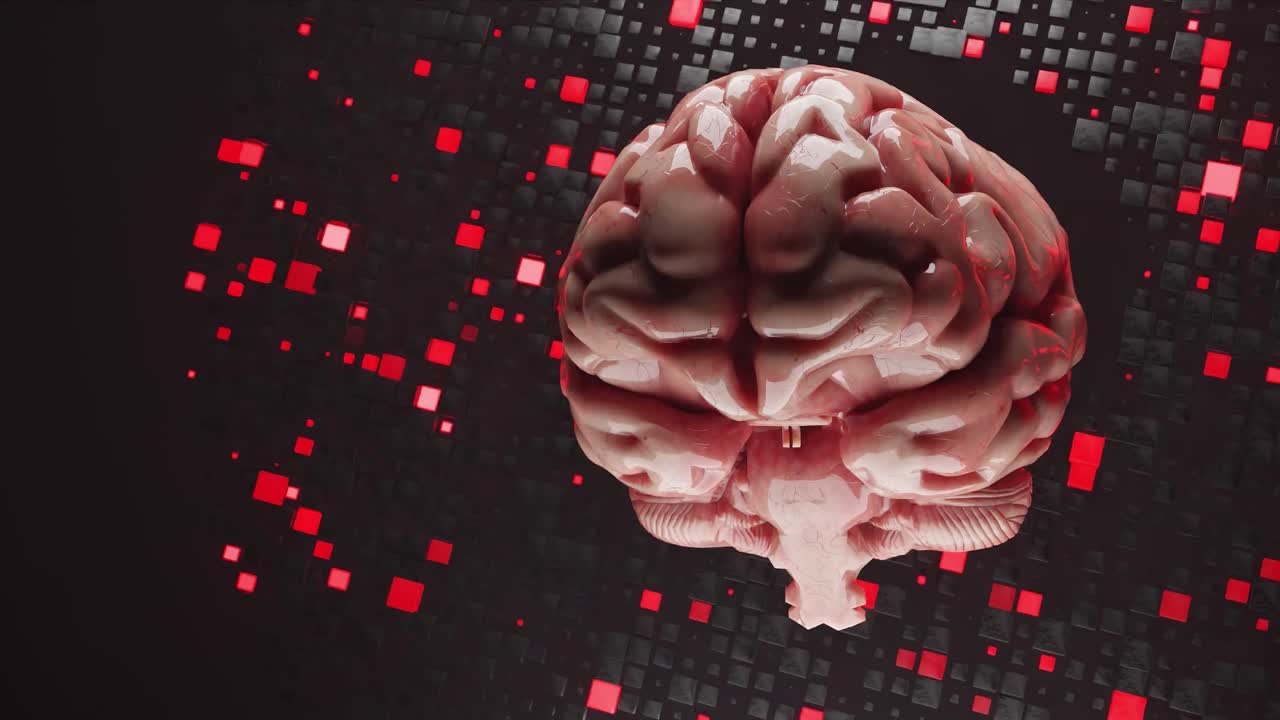 3D human brain model floating over digital black and red pixel grid background. Artificial intelligence and neuroscience technology concept. Design for banner, poster, wallpaper. Isometric view.