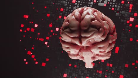 3d human brain model floating over digital black and red pixel grid background. artificial intelligence and neuroscience technology concept. design for banner, poster, wallpaper. isometric view.