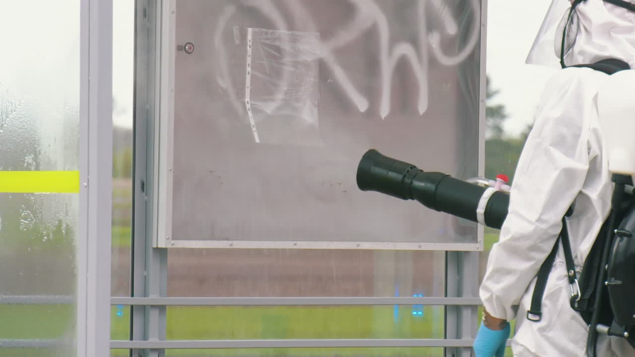 Public space disinfection to prevent covid spread. Man in protective suit disinfecting the public space