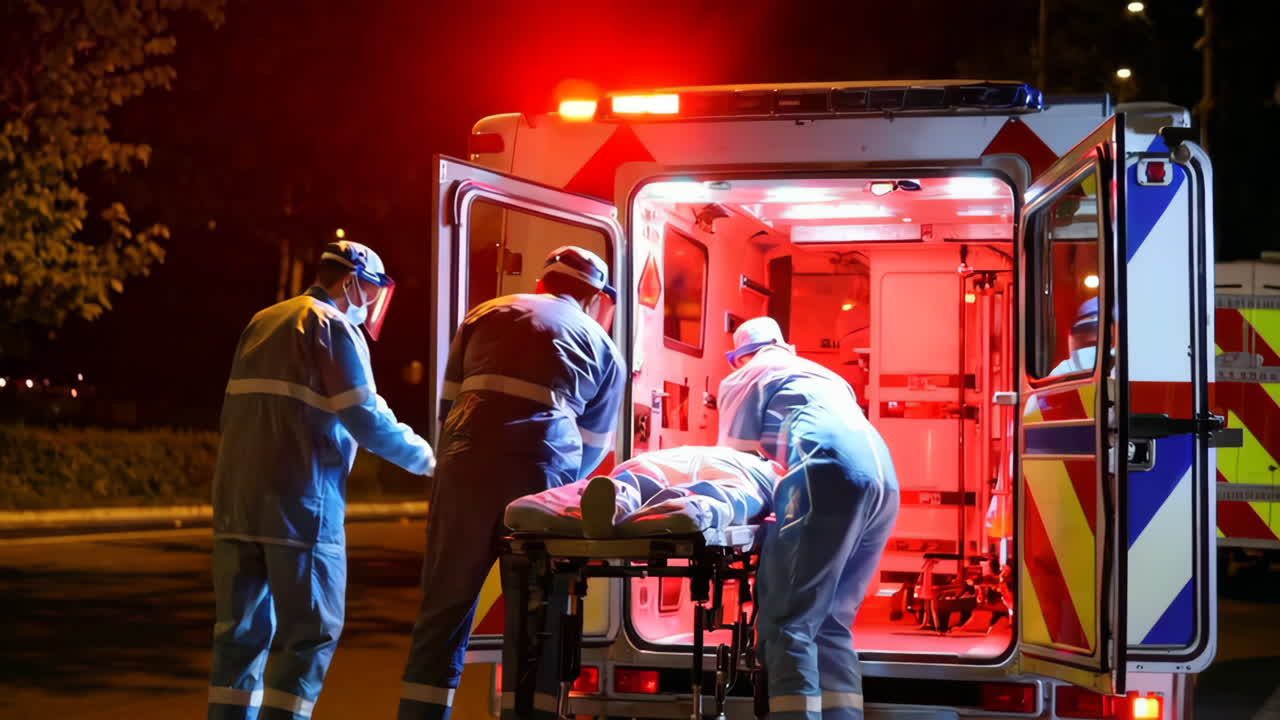Paramedics loading patient into ambulance at night