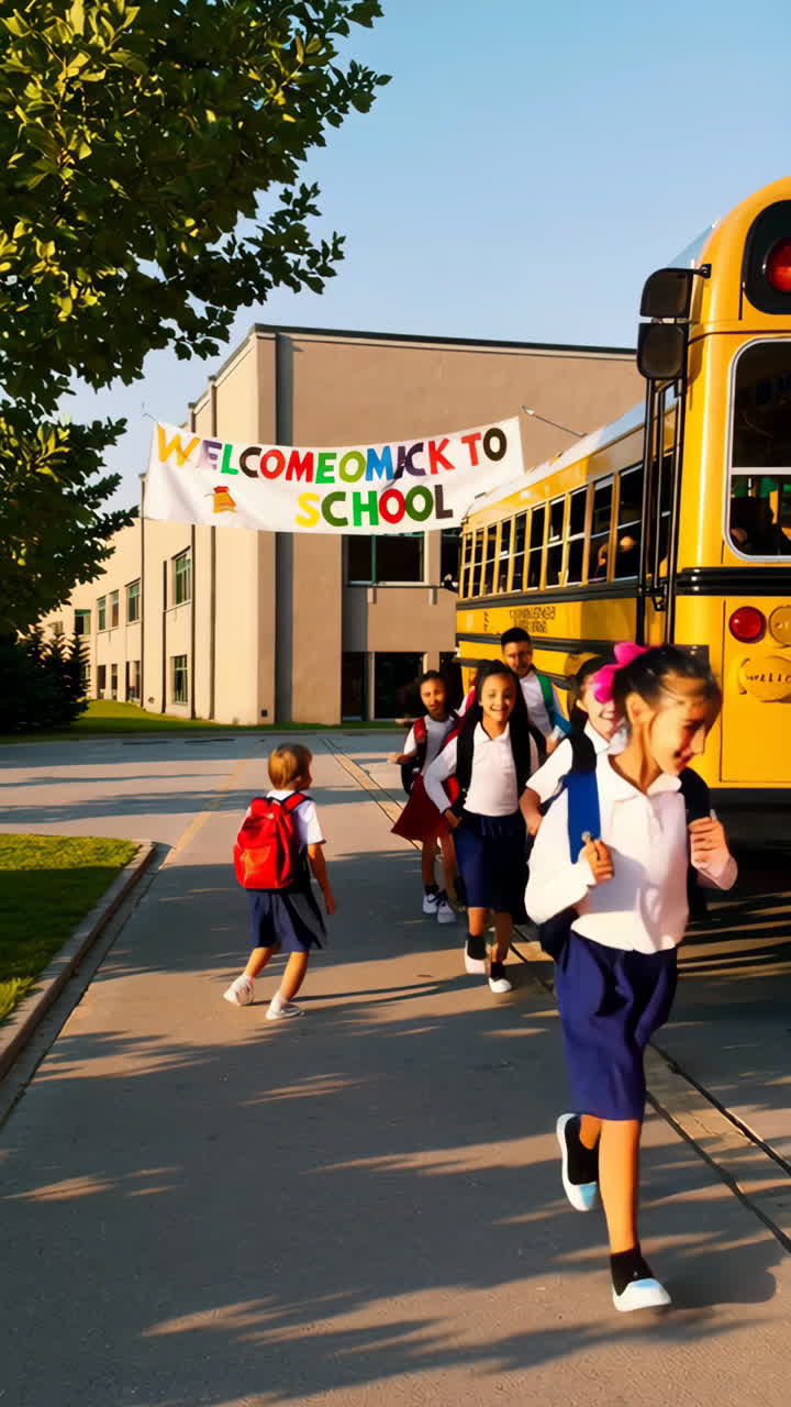 Students Arriving at School with a Welcome Banner and School Bus