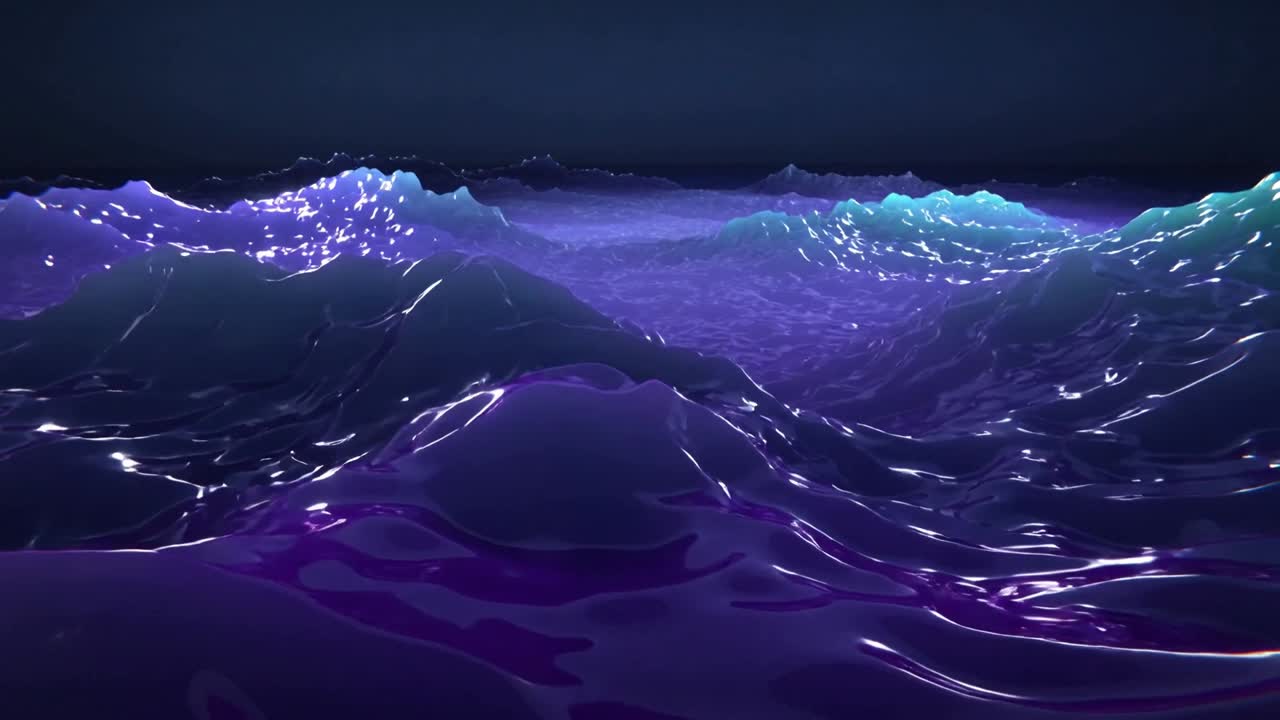 Telecamera che avanza, rivelando una superficie oceanica CGI stilizzata viola-blu, mostrando creste ciano incandescenti.