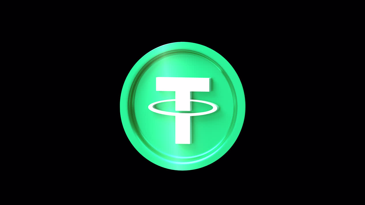 Moneta di criptovaluta Tether USDT che ruota su sfondo nero