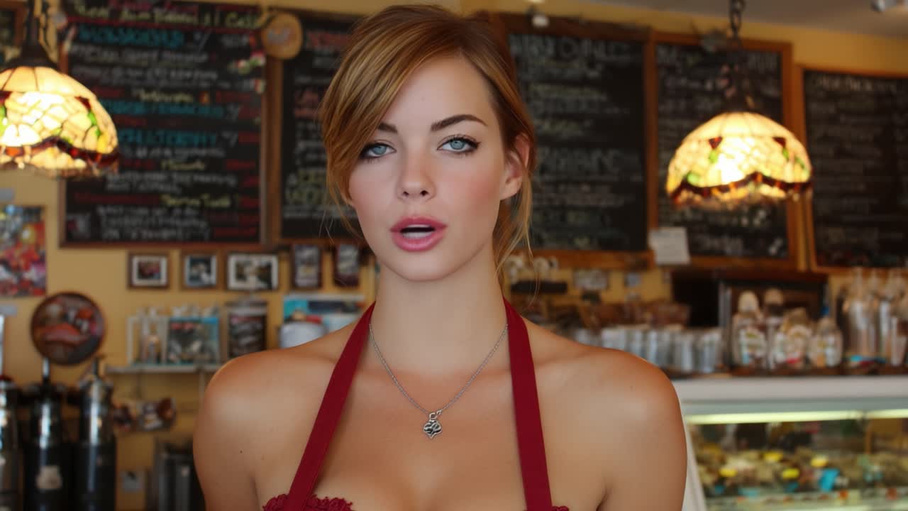 Charming Barista at a Cozy Café: Capturing the Warmth and Ambiance of a Welcoming Environment in Two Engaging Frames, Showcasing a Natural Smile and Vibrant Atmosphere