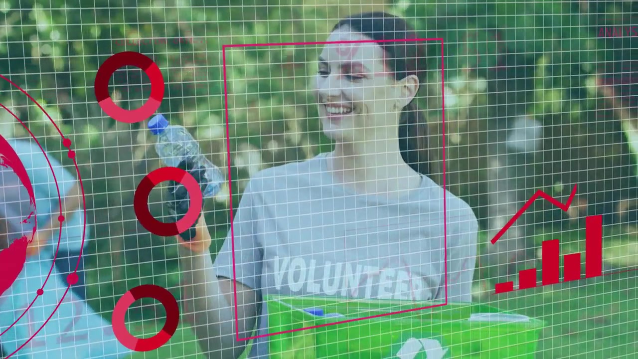 Voluntario de limpieza sosteniendo un cubo, revisando una cuadrícula de botellas y un globo rojo que provoca el crecimiento de gráficos de seguimiento.