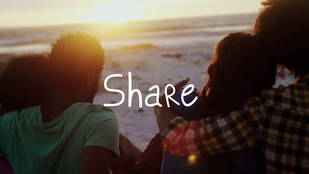 해변에서 다양한 친구 그룹을 공유하는 애니메이션