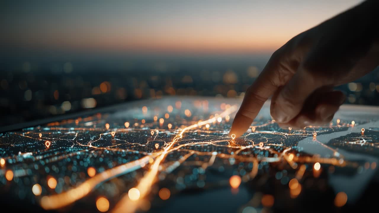 Exploring the Urban Landscape at Dusk: A Hand Navigates Through a Vibrant Digital Map Showing City Lights and Connections in the Background