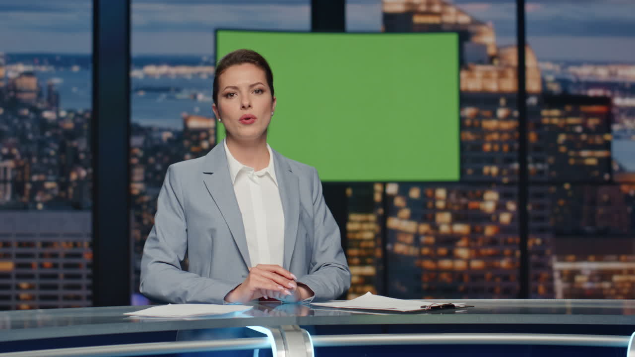 presentadora de noticias reportando las noticias de chromakey en primer plano en el estudio. presentadora hablando