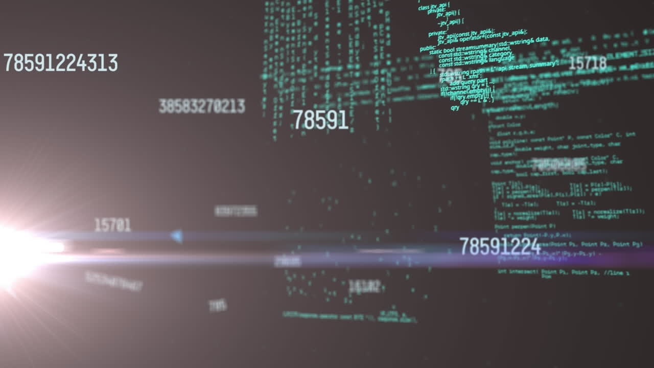 Animation of changing numbers, computer language and lens flares over black background