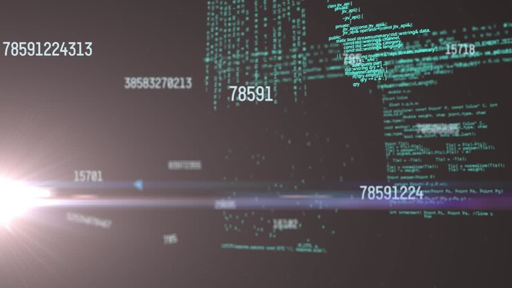 Animation of changing numbers, computer language and lens flares over black background