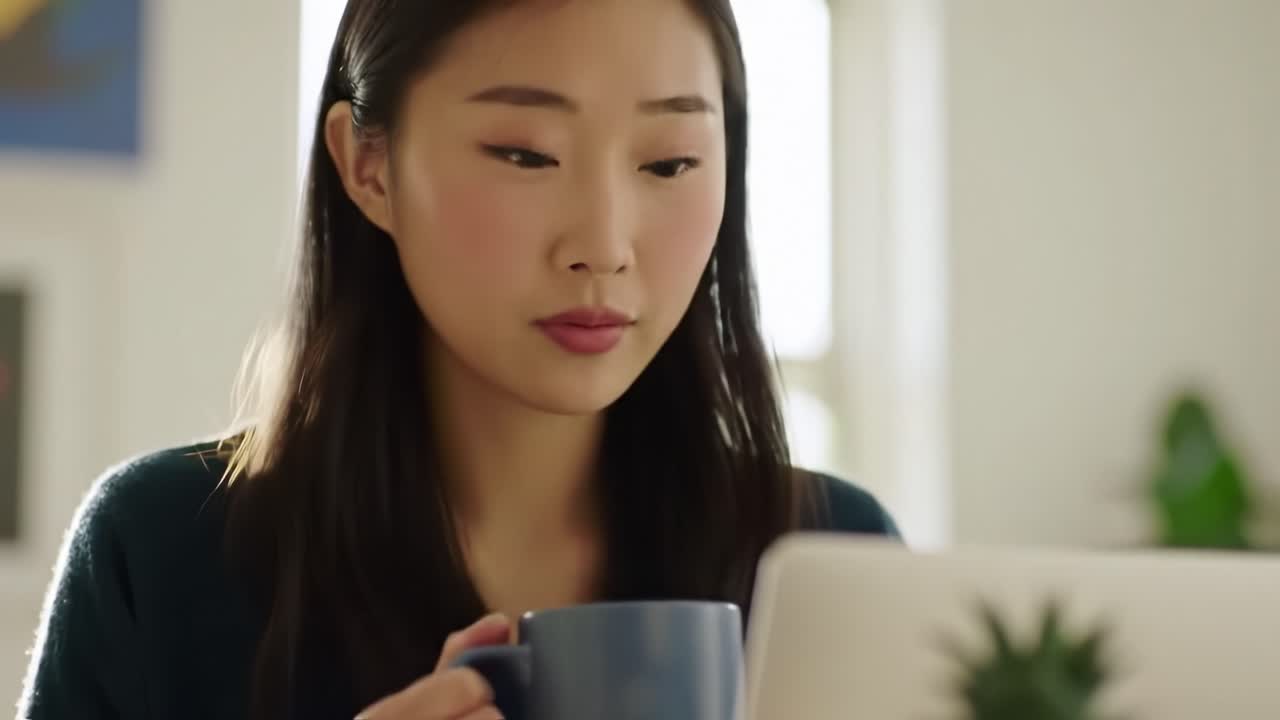 Contemplative Moments: A Young Woman Sipping Coffee While Engaged with Her Laptop in a Bright, Modern Workspace