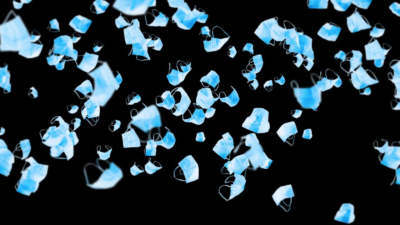 검은 바탕에 많은 파란 마스크를 날아. 의료 개념. 수술 보호 마스크. 마스크 회전의 3d 애니메이션. 루프 애니메이션.