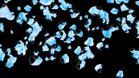 volando muchas máscaras azules sobre fondo negro. concepto médico. máscaras de protección quirúrgicas. animación 3d de la máscara giratoria. animación de bucle.
