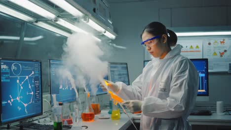 scientist conducting a smoking chemical experiment in a modern laboratory