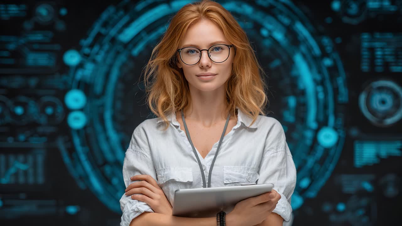 Confident Professional Woman Engaged in Digital Exploration, Surrounded by Futuristic Data and Technology, Holding a Tablet in a High-Tech Environment