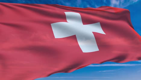 flag of switzerland with fabric structure against a cloudy sky (loopable)