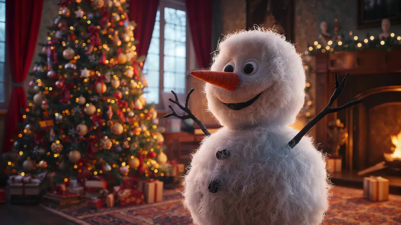 Pulling back camera to reveal fluffy snowman beside Christmas tree and gifts by fireplace in parlor