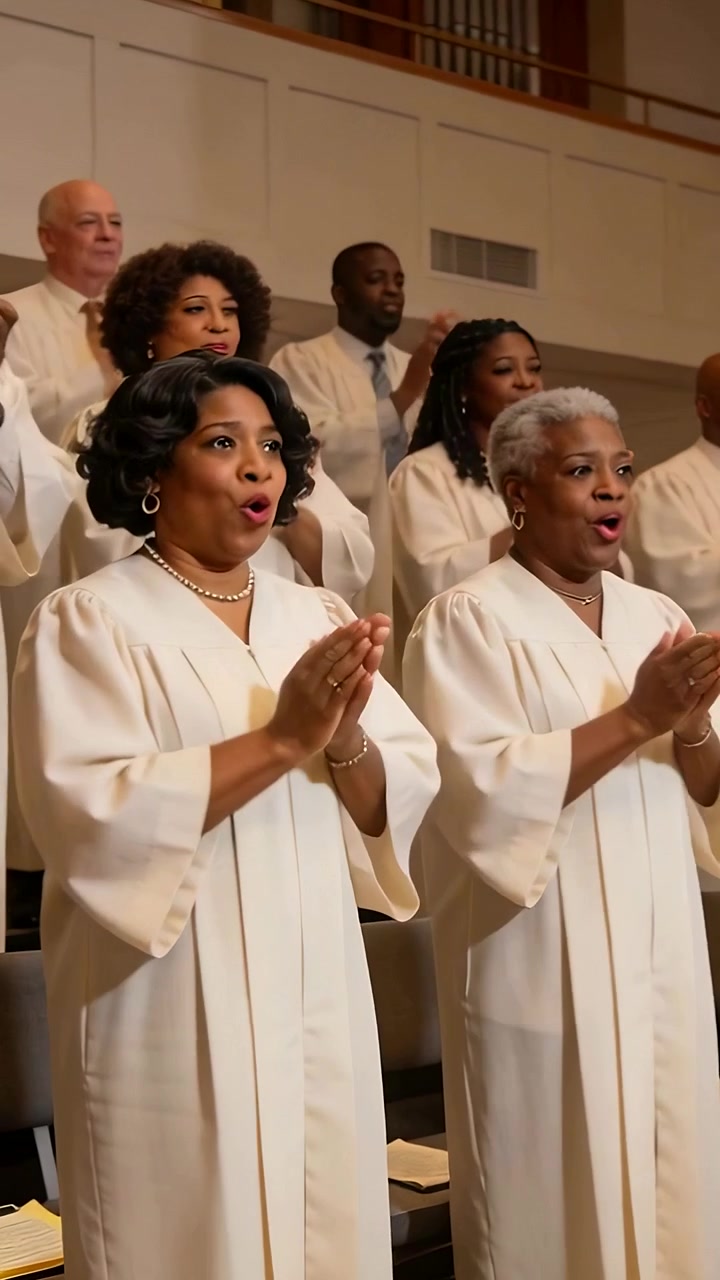 Vertical video: Starting hymn, choir singing and clapping in church for worship, cream robes