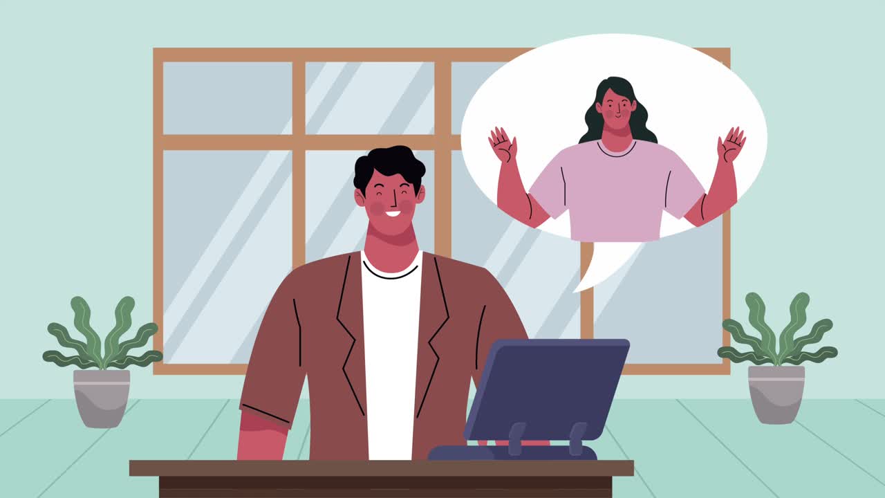 video conference animation with man using laptop