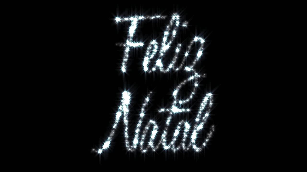 animación de saludo estacional escrito en letra brillante sobre fondo negro