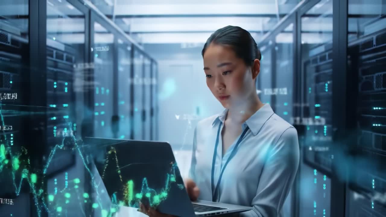 A Focused Data Analyst Engaged in Real-Time Analysis within a High-Tech Data Center, Surrounded by Advanced Digital Graphs and Metrics